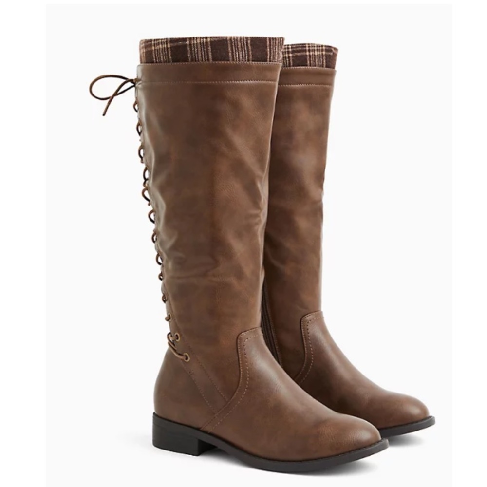 Torrid Brown Plaid Lace-Up Back Boots